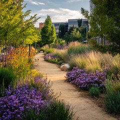 A winding path through a garden with purple flowers and tall grasses under a cloudy sky at daytime