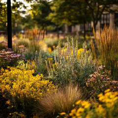 A vibrant garden landscape featuring a variety of colorful flowers and lush green foliage in natural light