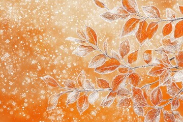 Frosted orange leaves on branches with falling snowflakes against orange background art