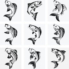 Obraz premium Black and White Koi Fish Tattoo Set, Japanese Carp Ink Art, Traditional Oriental Fish Design, Hand Drawn Tribal Koi Illustrations, Vector Graphic Collection 