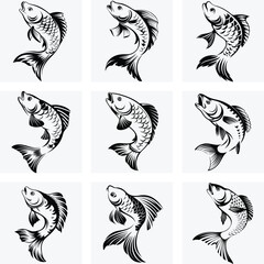 Black and White Koi Fish Tattoo Set, Japanese Carp Ink Art, Traditional Oriental Fish Design, Hand Drawn Tribal Koi Illustrations, Vector Graphic Collection
