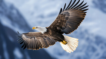 Fototapeta premium Majestic eagle soaring over a mountain range, wings fully extended, dramatic lighting highlighting its feathers, ultraHD