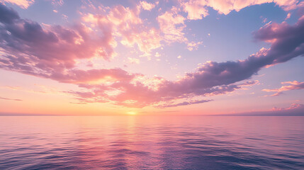 Fototapeta premium Panoramic view of an endless ocean under a pastelcolored sunrise, soft clouds glowing in pink and gold, ultraHD
