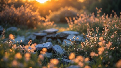 Wildflowers and Stone Arrangement Lit by the Warm Glow of Sunset