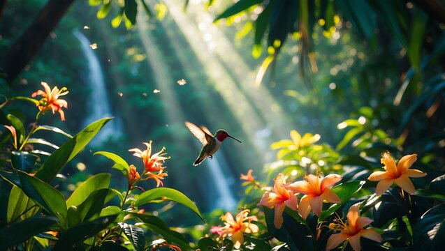 Hummingbird flying near flowers in sunlit tropical forest scene - Powered by Adobe