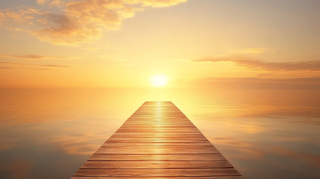 Wooden pier stretching into the calm sea, illuminated by the golden sunrise, reflection of sky colors in the water, highdetail peaceful scene - Powered by Adobe