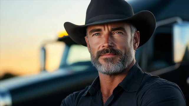 Confident truck driver poses in front of a large truck during sunset in an open landscape