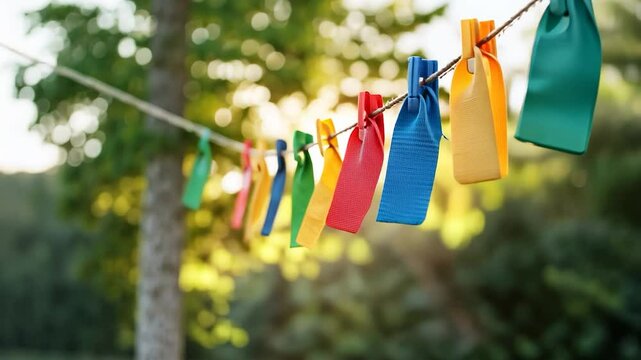 Colorful clothespins on line against blurred sunlight bokeh background