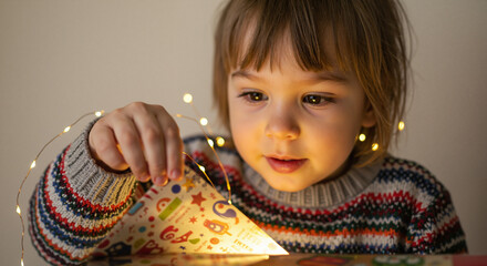Young girl excitedly holding gift in cozy room with fairy lights  