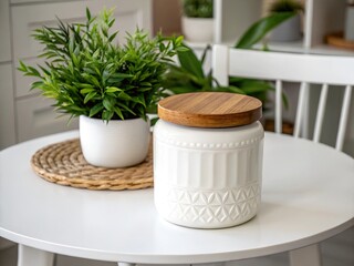 Scandinavian Decor Jar with Plant – White Ceramic Storage on Bright Minimal Surface.