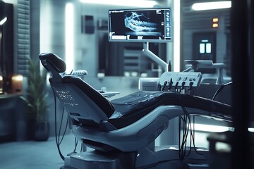 A dental office with a chair and a monitor displaying an x ray of teeth in a well lit room