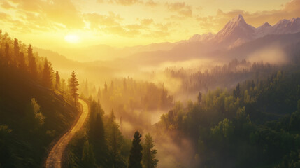 Atmospheric Road Leading into a Mysterious, Hazy Forest