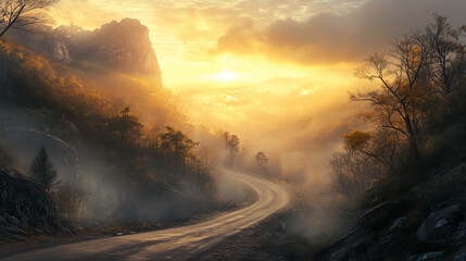 Scenic Journey Through Mountains and Valley at Dawn