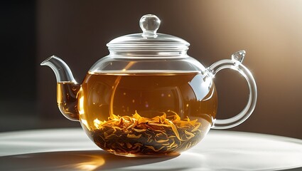 Glass teapot with blooming yellow tea flowers and brewed tea