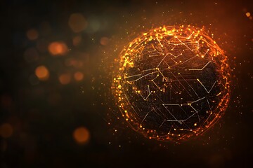 Abstract glowing sphere with circuit board pattern on a dark background with bokeh lights