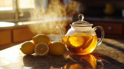 Steaming Hot Lemon Tea in Glass Teapot on Kitchen Counter