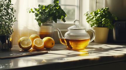 Healthy Golden Tea in Teapot with Citrus Fruit