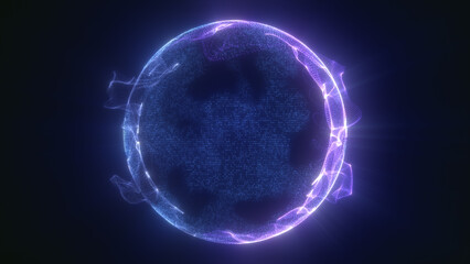 Abstract blue and purple looped energy sphere of particles and waves of magical glowing on a dark background
