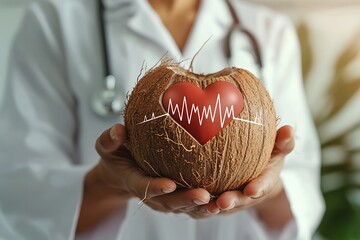 Doctor holding a coconut with a heart symbol and heartbeat line drawn on it in their hands