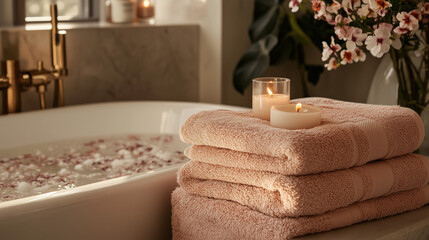 Luxurious Spa Setting with Pink Towels, Bath Salts, and Candlelit Bathtub