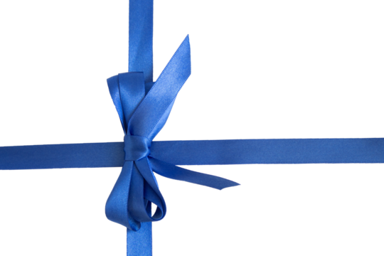 Pair of ribbons crossing in a cross with a blue bow. Transparent background, PNG format. Ideal for a gift.