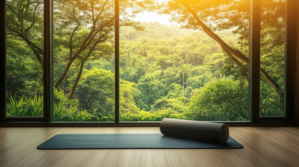 Modern Meditation Room Overlooking Lush Green Forest Through Glass Walls