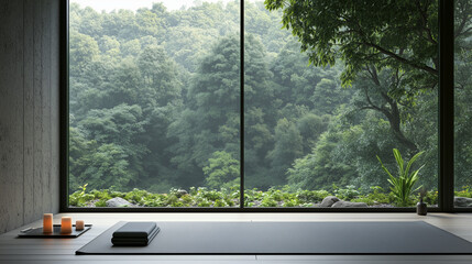 Tranquil Yoga Studio with Panoramic Rainforest View and Misty Atmosphere
