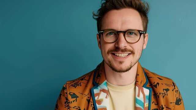 Smiling man with glasses in patterned jacket against blue background