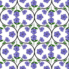Seamless vector pattern of stylized periwinkle flowers in purple and green, arranged within a repeating black curve motif on a white background, creating a delicate and elegant design.