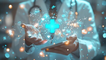 A doctor holding a tablet with a glowing plus sign and medical icons floating above it in a lab