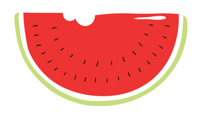 Bitten watermelon slice hand drawn illustration, isolated vector. Flat style design. Summer clip art, seasonal element, print. Healthy food, dessert, treat, beach activity, party