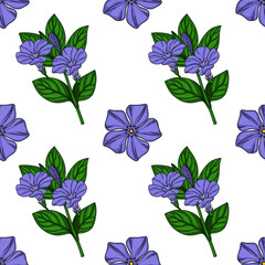 Seamless vector pattern of delicate periwinkle flowers and leaves, featuring a vibrant purple hue and detailed botanical illustration style, perfect for textile design or springtime projects.