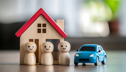 A wooden house with a red roof and three wooden figures and a blue toy car on a table top