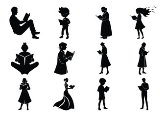 Silhouette Collection of People Reading – Kids and Adults Holding Books in Various Vector Poses on white background 

