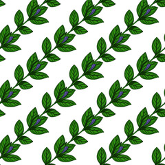 Seamless vector pattern of stylized periwinkle branches with vibrant green leaves and closed purple buds, arranged in a diagonal repeat on a white background, ideal for textile prints or wallpapers.