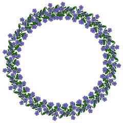 Elegant vector wreath design featuring a circular arrangement of delicate periwinkle flowers and green leaves, perfect for invitations, cards, or decorative elements.