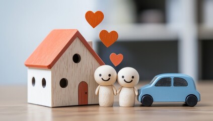 Wooden figures holding hands with house car and hearts depicting family and love concept