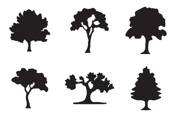 Simple black icons of various coniferous and deciduous trees, depicted as elegant silhouettes, make for beautiful decorative plant graphics