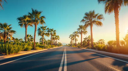 Fototapeta premium Sunlit road lined with palm trees, clear blue sky above, relaxed summer road trip atmosphere,