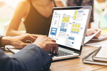 UX UI design process for modish mobile application and website . Creative prototype of wireframe...