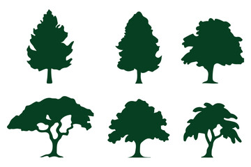 silhouette tree line drawing set, Side view, set of graphics trees elements outline symbol for architecture and landscape design drawing. Vector illustration in stroke fill in white. Tropical