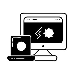 Computer with code lightning bolt and gear icon representing software development silhouette vector