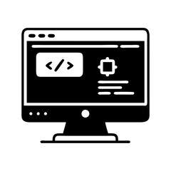 Black and white silhouette of a computer screen displaying code editing icons silhouette vector