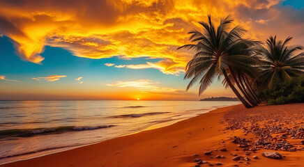 Tropical beach sunset with palm tree