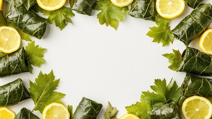 Grape leaves stuffed with rice, arranged with lemon slices and fresh grape leaves in a frame around a white background