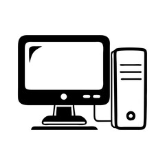 Classic desktop computer setup with monitor and tower in black and white silhouette vector