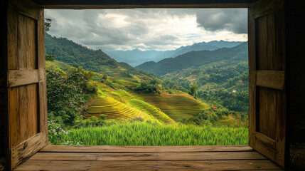 Fototapeta premium landscape nature view background. view from window at a wonderful landscape nature view with rice terraces and space for your text