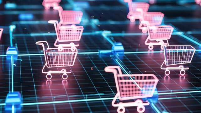 Neon shopping carts on digital grid representing E-Commerce network.