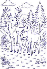 Deer family standing in forest line art illustration
