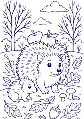 Hedgehog and baby in autumn forest line art illustration